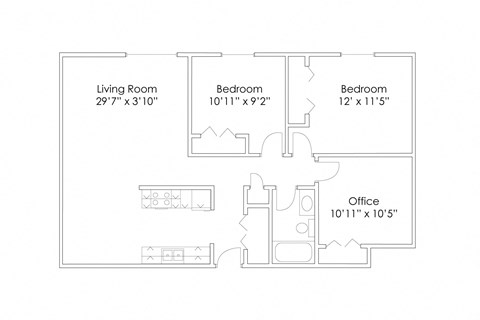 Floor plan for 2 beds, 1 bath, 1050 sqft